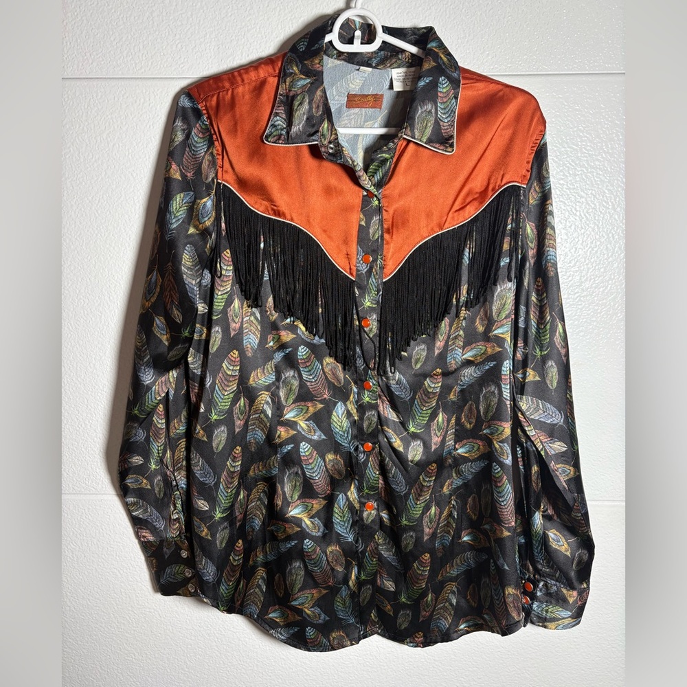 Scully Black Button-Down Shirt with Orange Satin Yoke and Feather Print